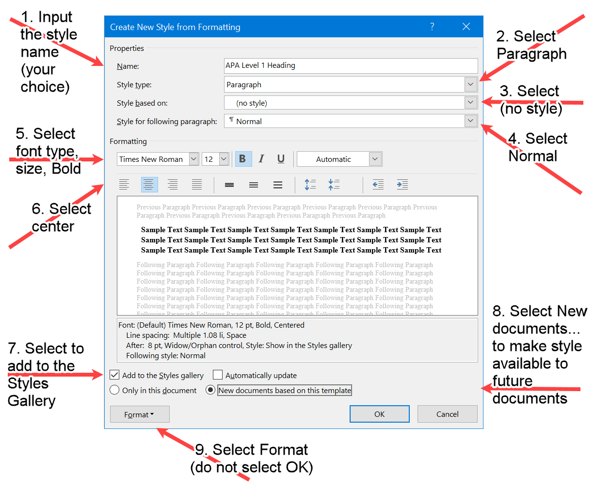 The Create style Window in Word with the Style and Font properties for the APA Level 1 Heading