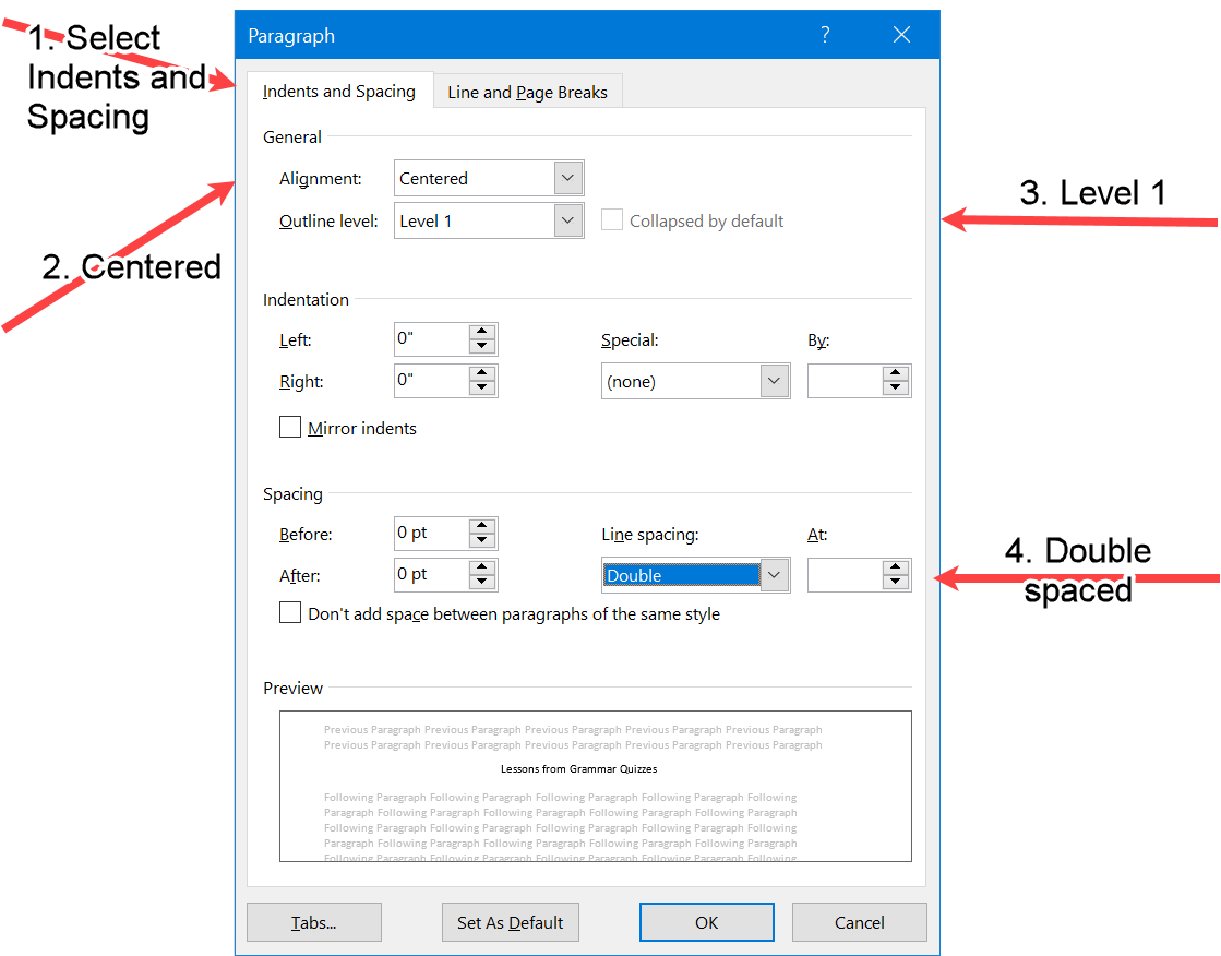 Word screenshot of paragraph properties required for APA Level 1 Headings.