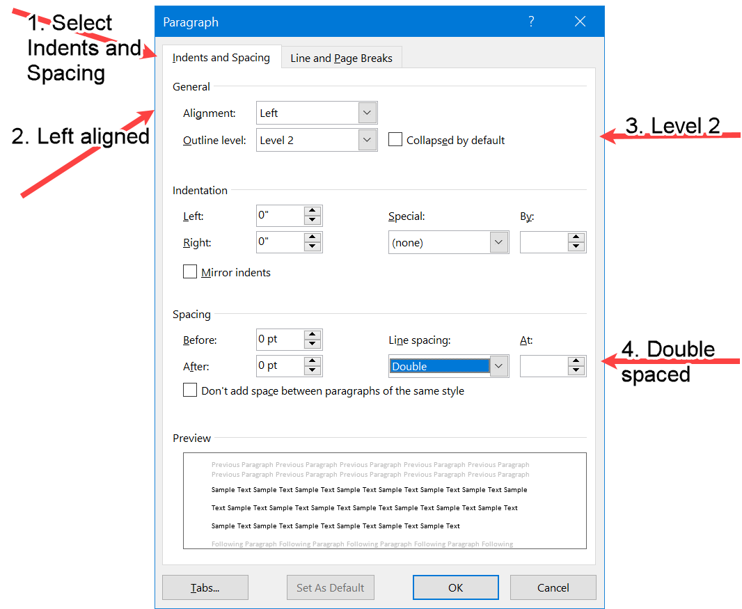 Word screenshot of paragraph properties required for APA Level 2 Headings.