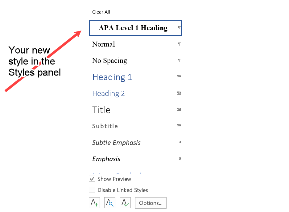 The Word styles panel showing the newly created APA Level 1 Heading style.