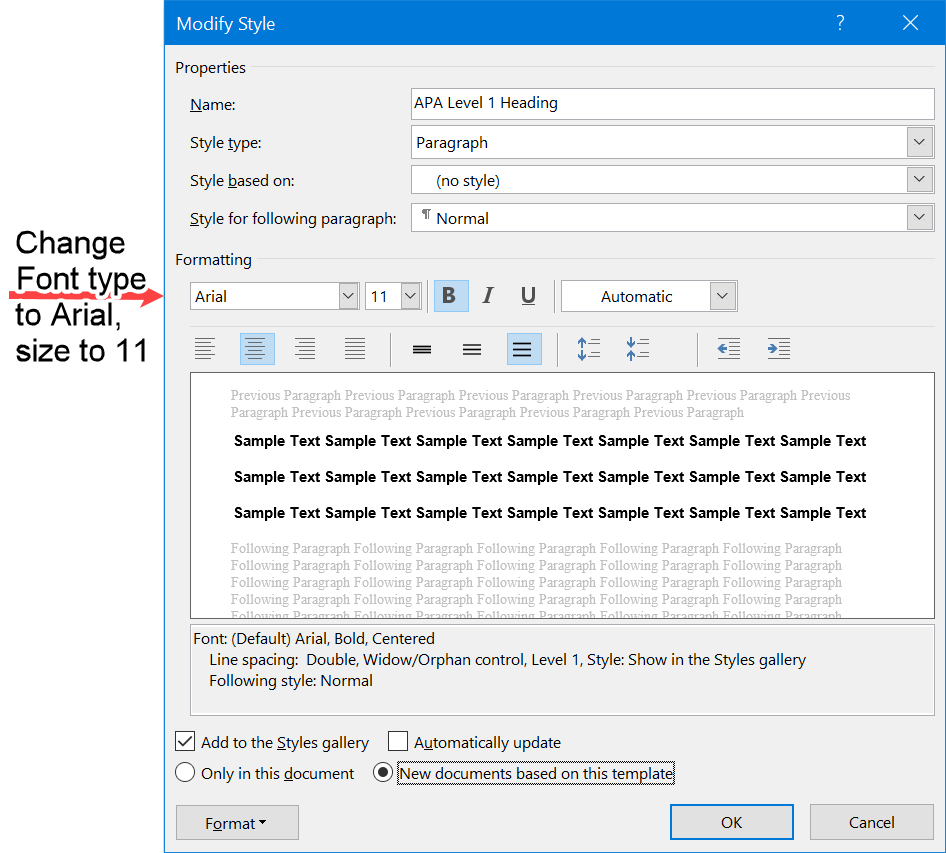 The Modify Style window for changing the format of the APA Level 1 Heading