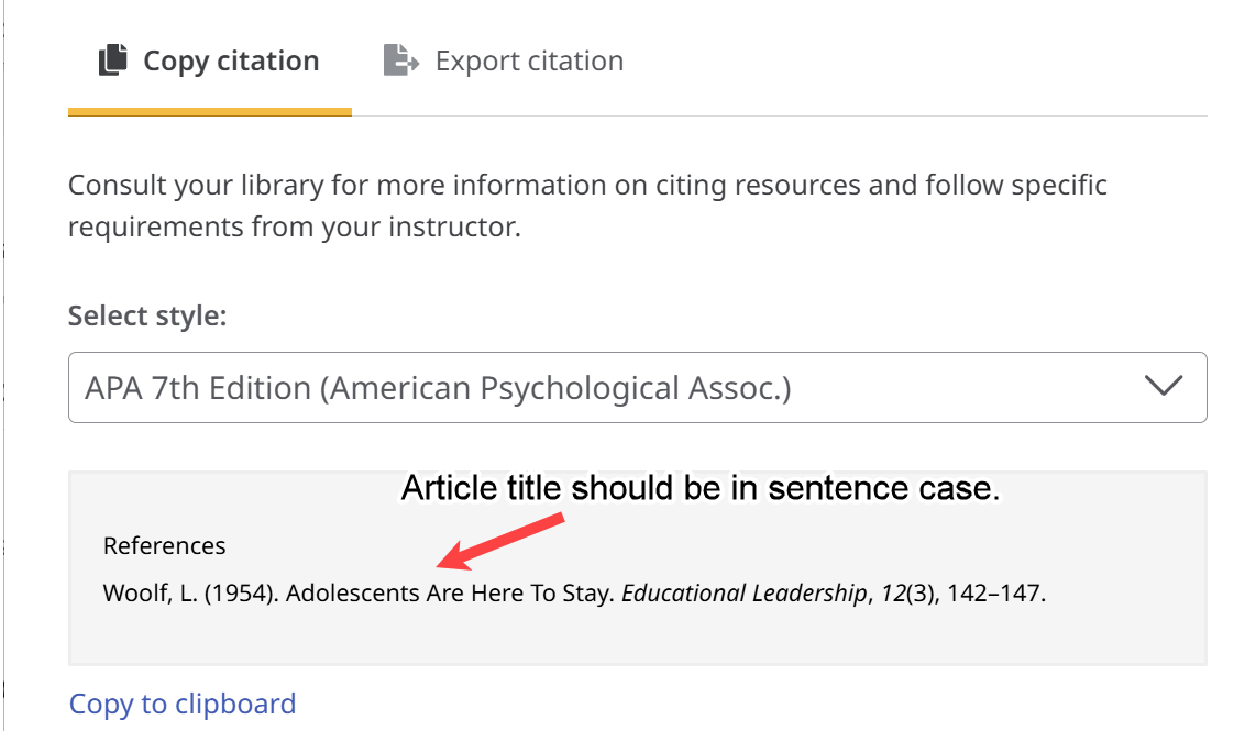Provided citation with incorrect APA format (article title is in title case instead of sentence case).
