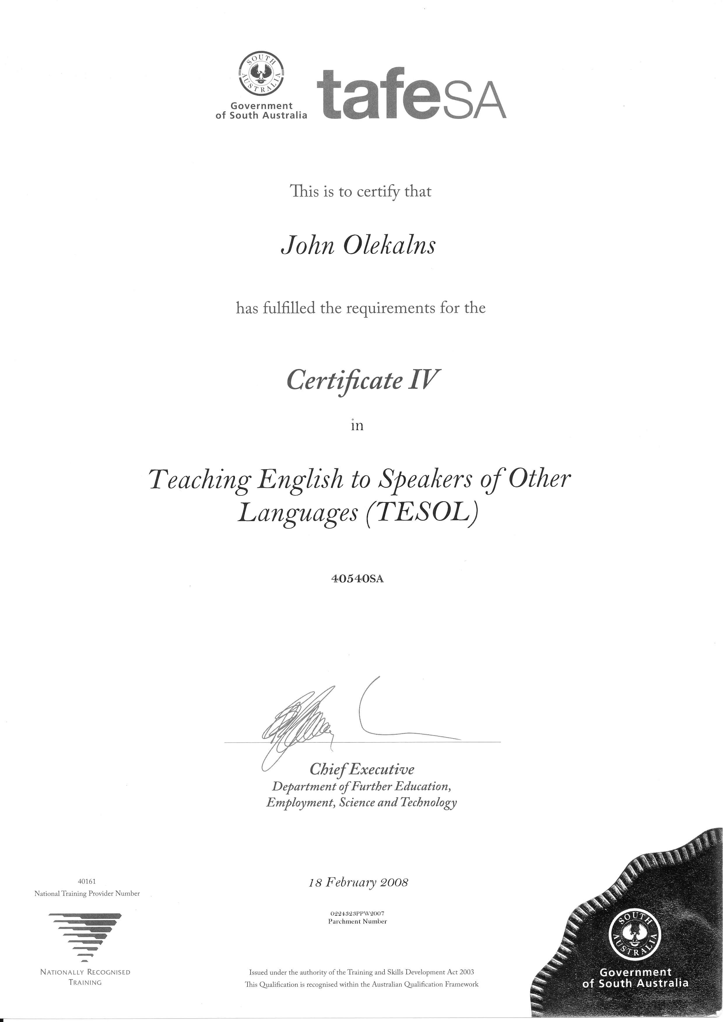 Certificate IV in Teaching English to Speakers of Other Languages (TESOL)
