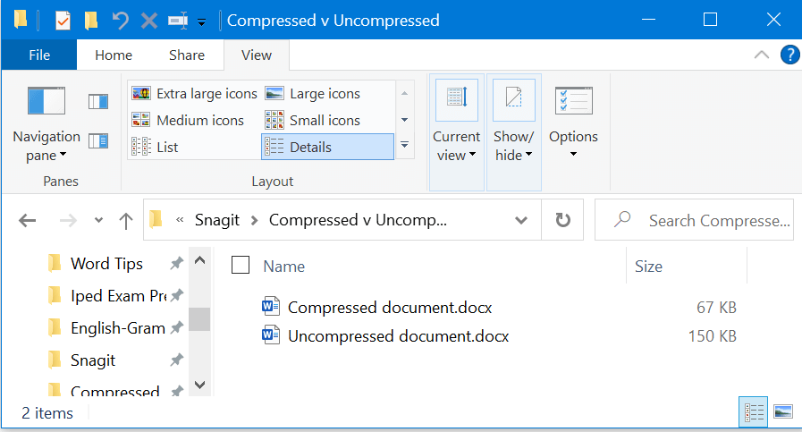 Display of file size reduction by compressing images in a Word document