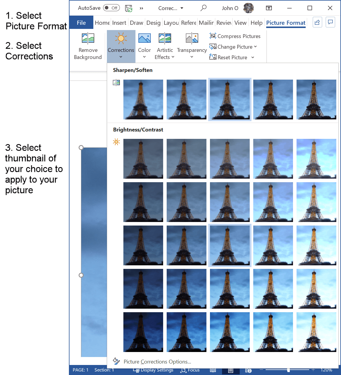 Adjust brightness, contrast or sharpness of a picture in Word