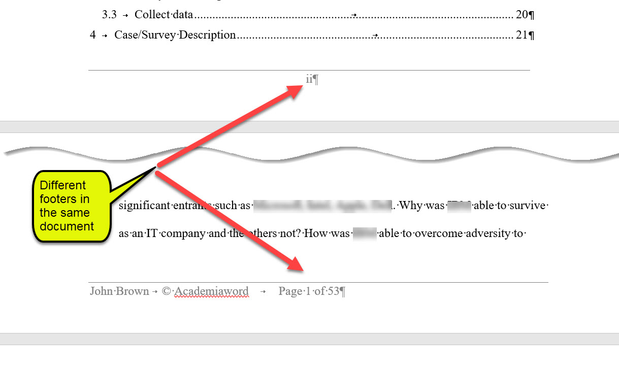 Example of different footers within a word document