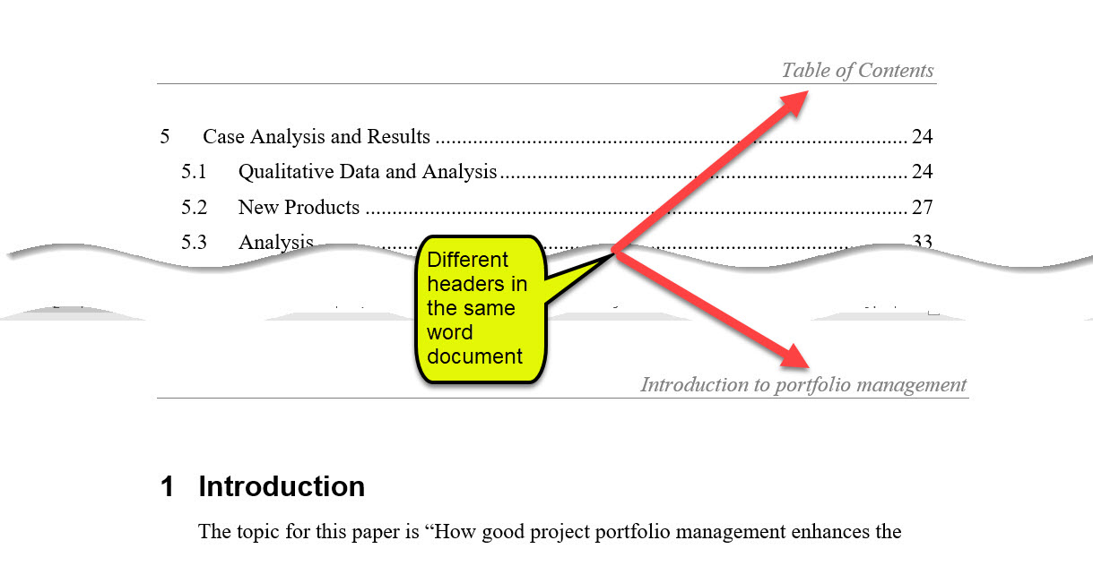 Example of different headers within a word document