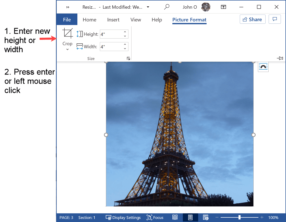 Resize a picture in Word from 5 by 5 inches to 4 by 4 inches