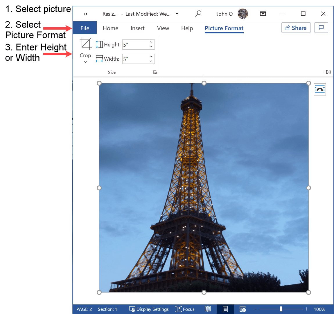 Resize a picture in Word to exact measurements