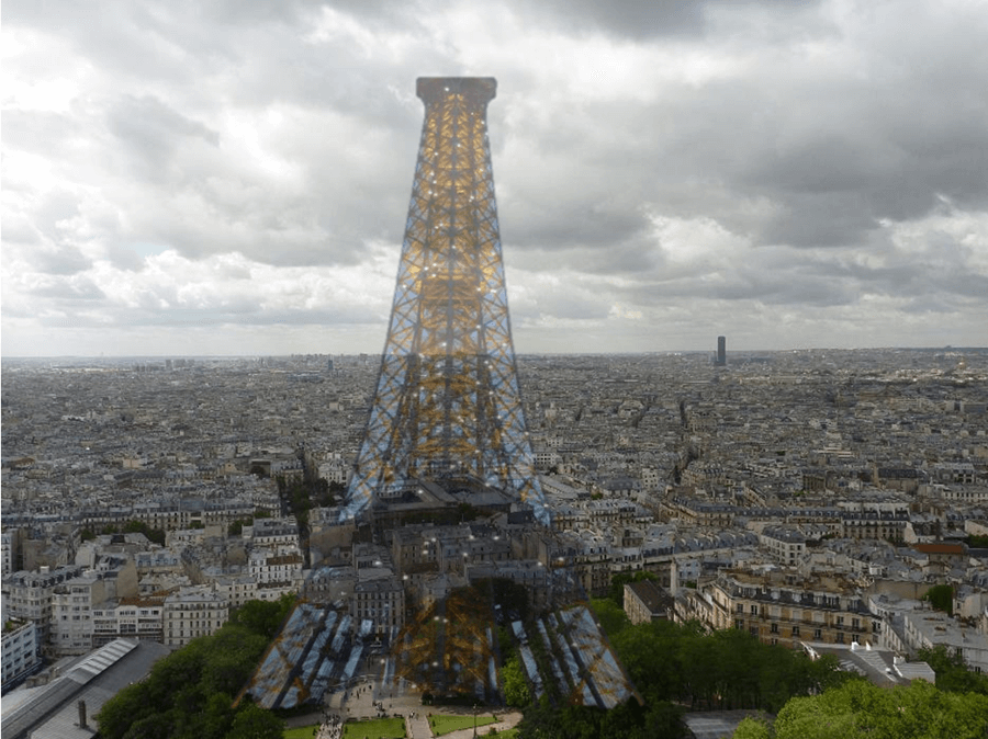 A transparent picture of the Eiffel Tower with a Paris background