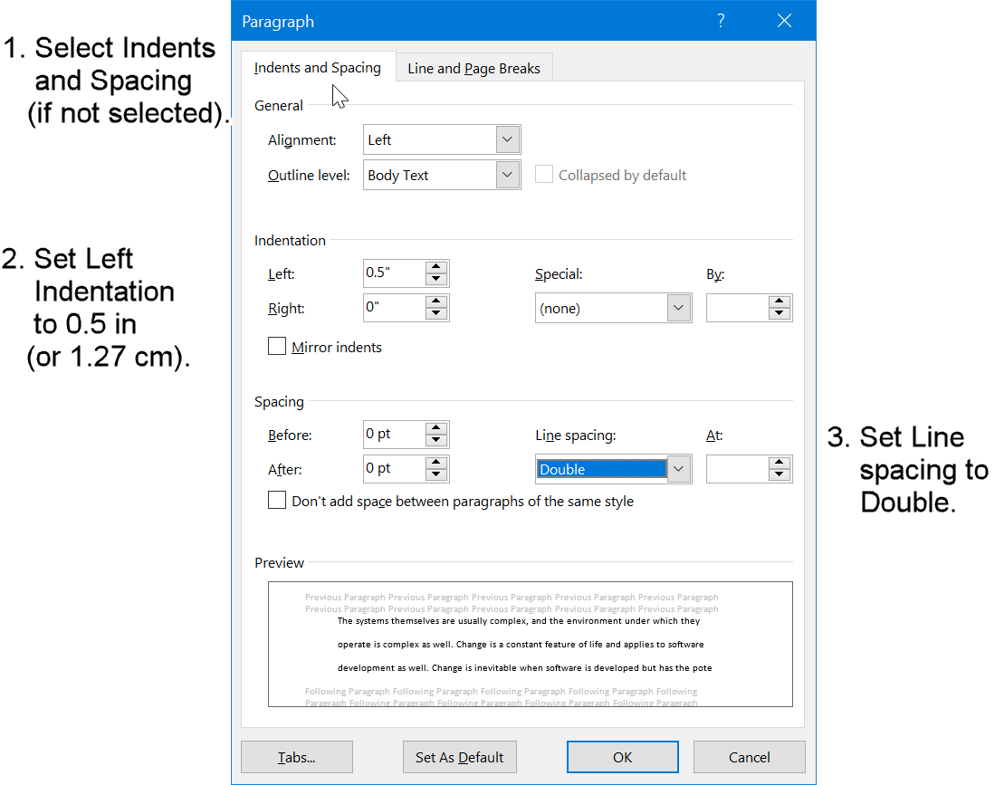 Set indent and line spacing for block quotation in APA format