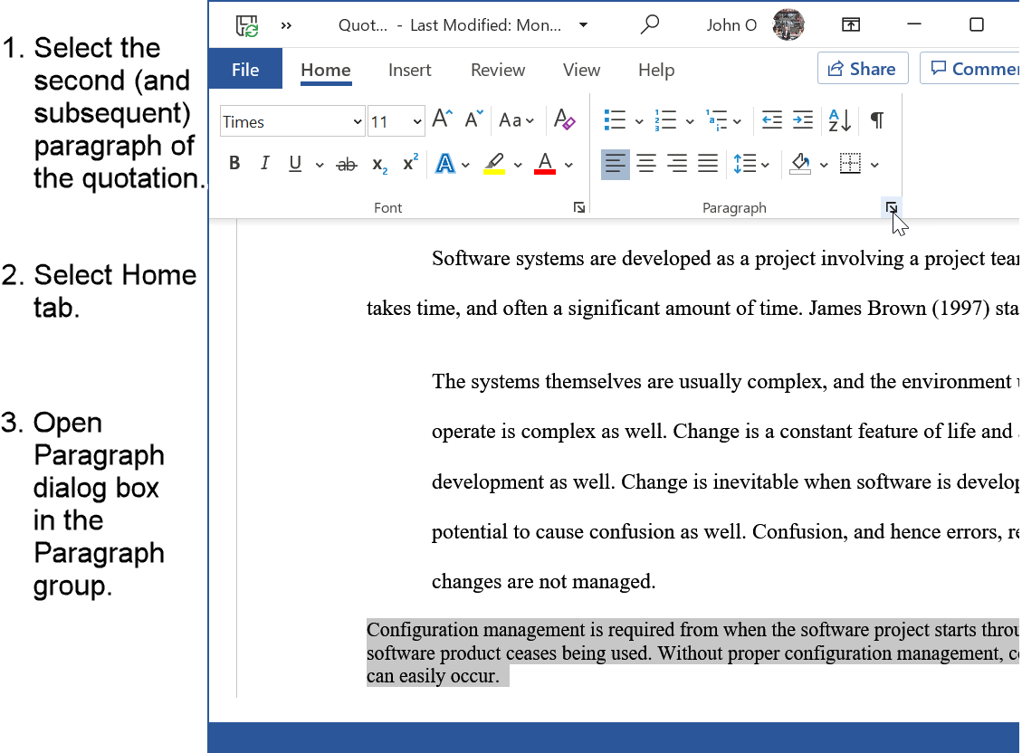 Select second paragraph of the quotation for APA formatting