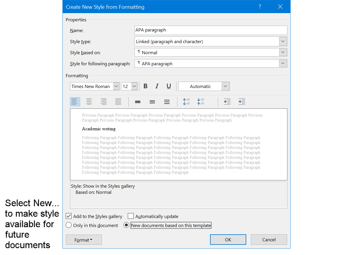 Select option to make the APA paragraph style available for new documents