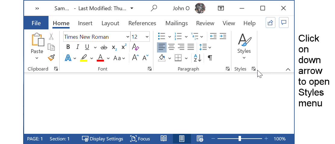 Select right-hand down arrow in Styles group to open Styles menu