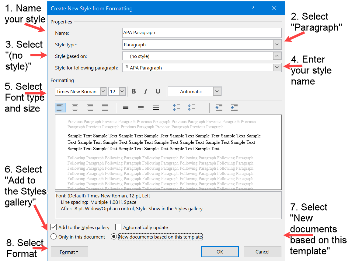 Create New Paragraph Style by entering the APA format required