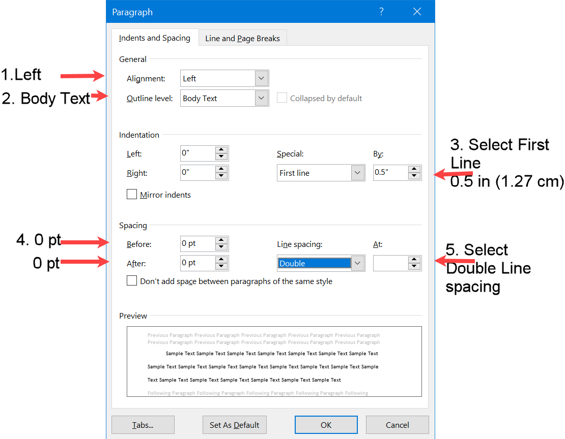 Format paragraph Indent and Spacing properties in the APA style