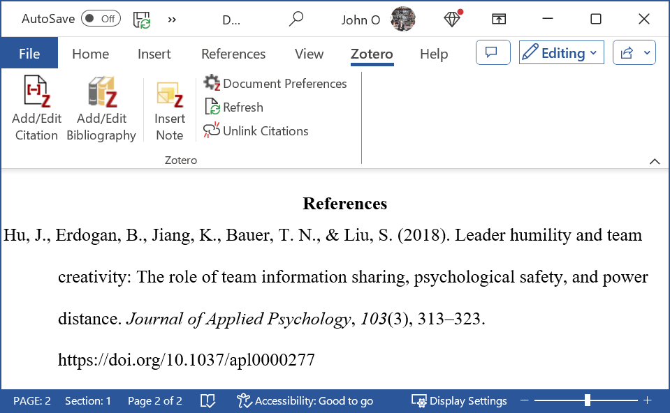 Add first citation in APA format to the reference list