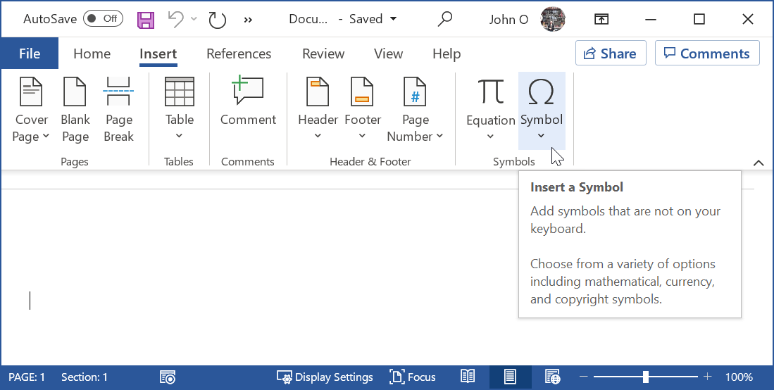 Select the Insert tab, then move mouse to Symbol