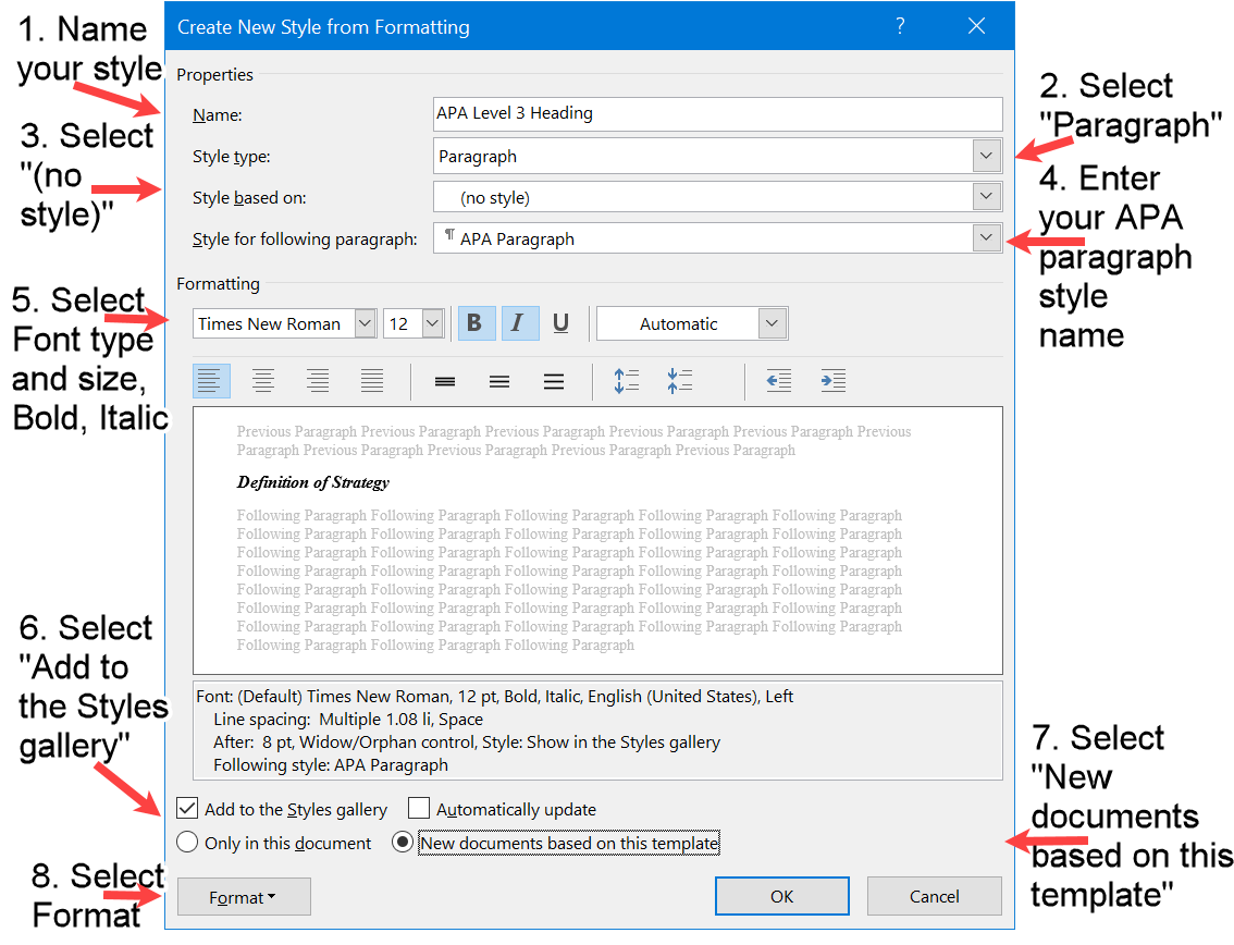 The Create style Window in Word with the Style and Font properties for the APA Level 3 Heading