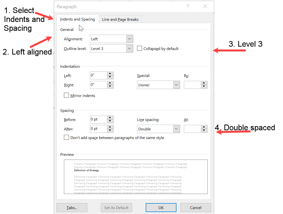 Word screenshot of paragraph properties required for APA Level 3 Headings.