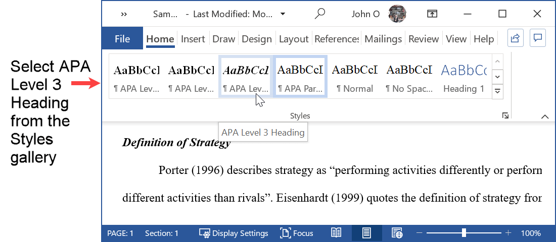 Apply the APA level 3 style from the Word styles gallery