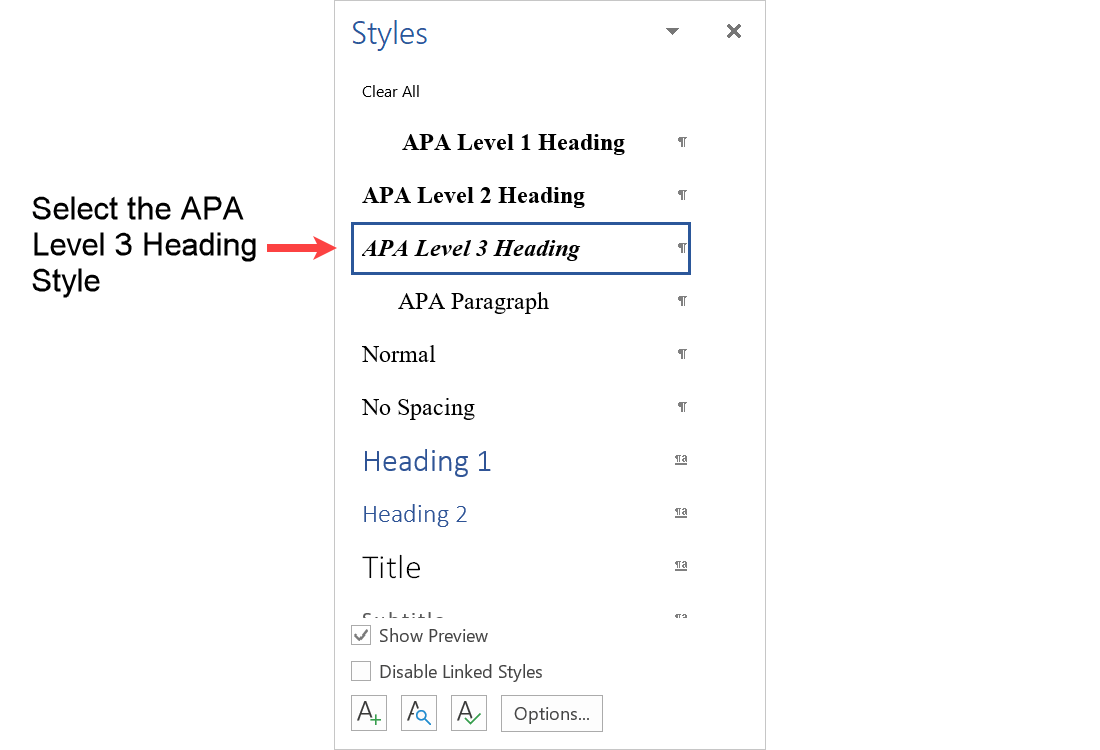 Select the APA Level 3 Heading format from the Styles menu