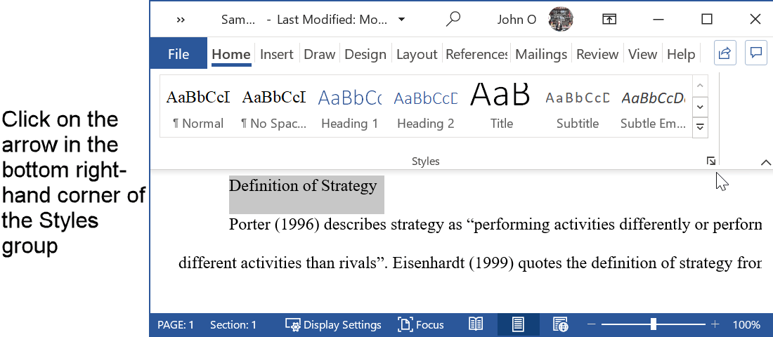 Open the styles menu in Word to select the Level 3 heading APA style