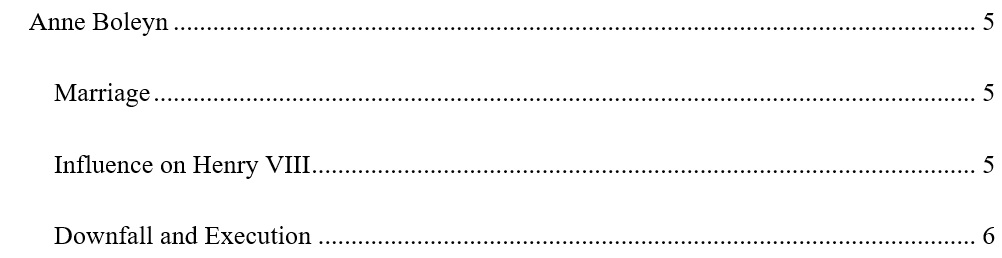 Example of abbreviated entries in a Manual Table of Contents example