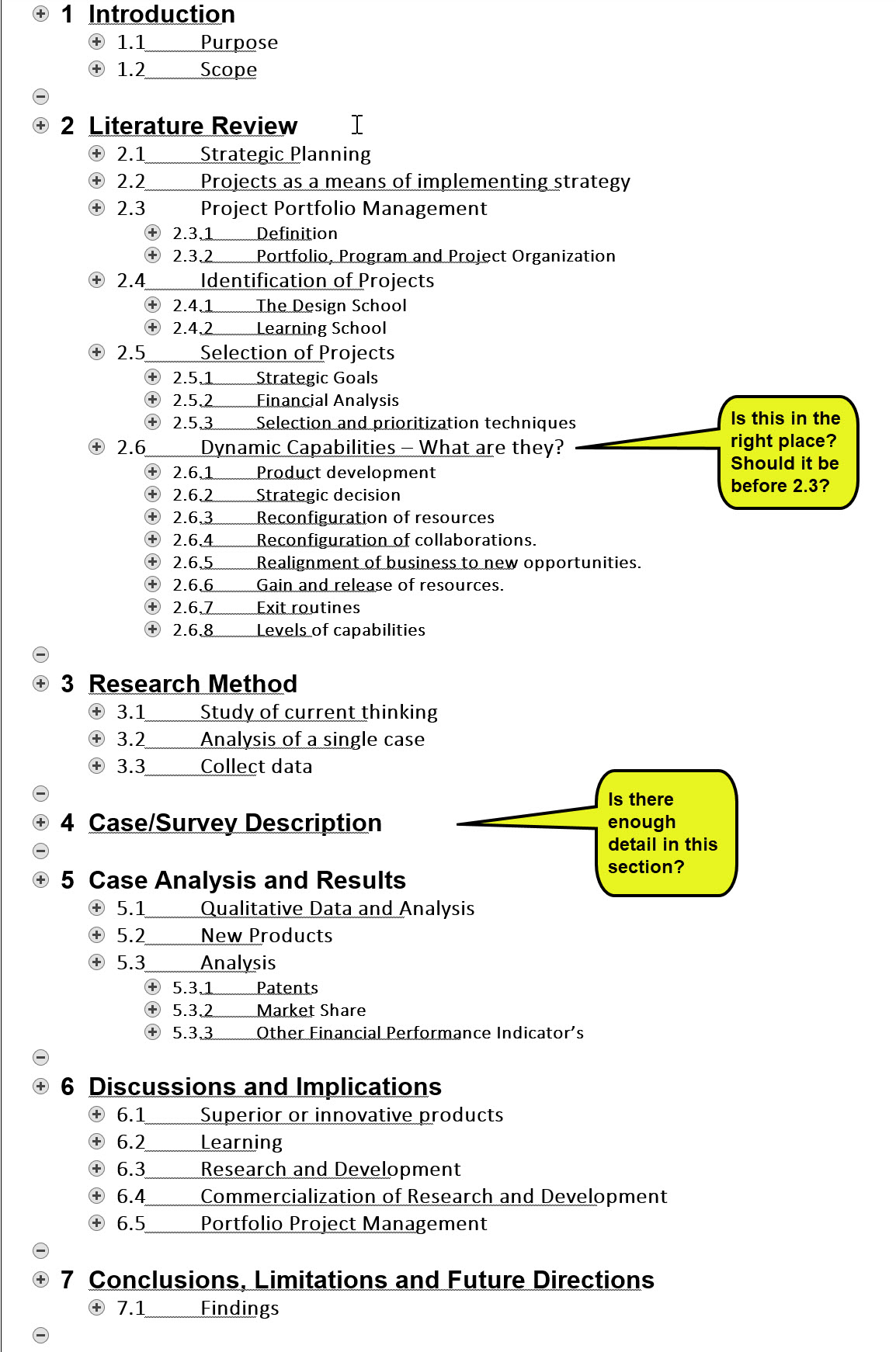 Outline view of a MS Word document