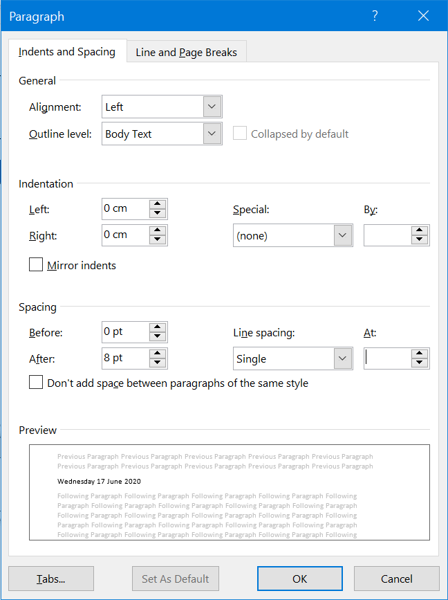 Format paragraph properties in the style you want