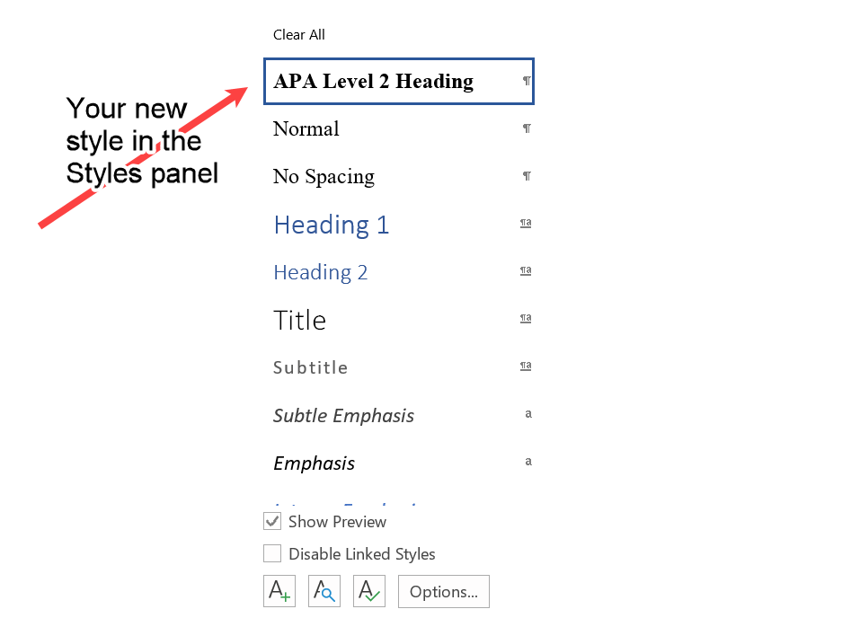 The Word styles panel showing the newly created APA Level 2 Heading style.