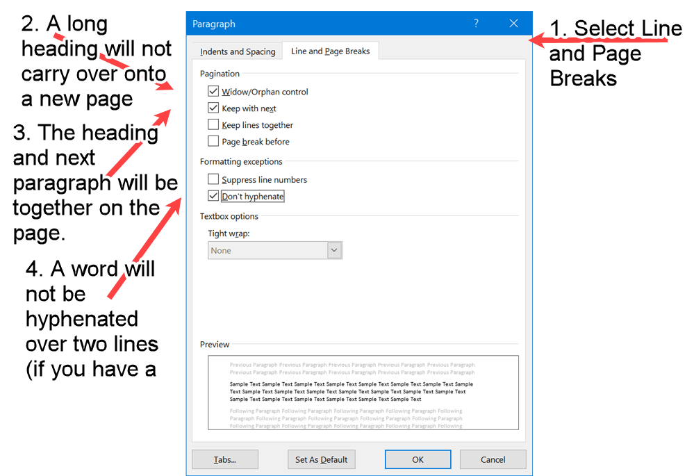 Word screenshot of page break and hyphenation properties required for APA Level 2 Headings.