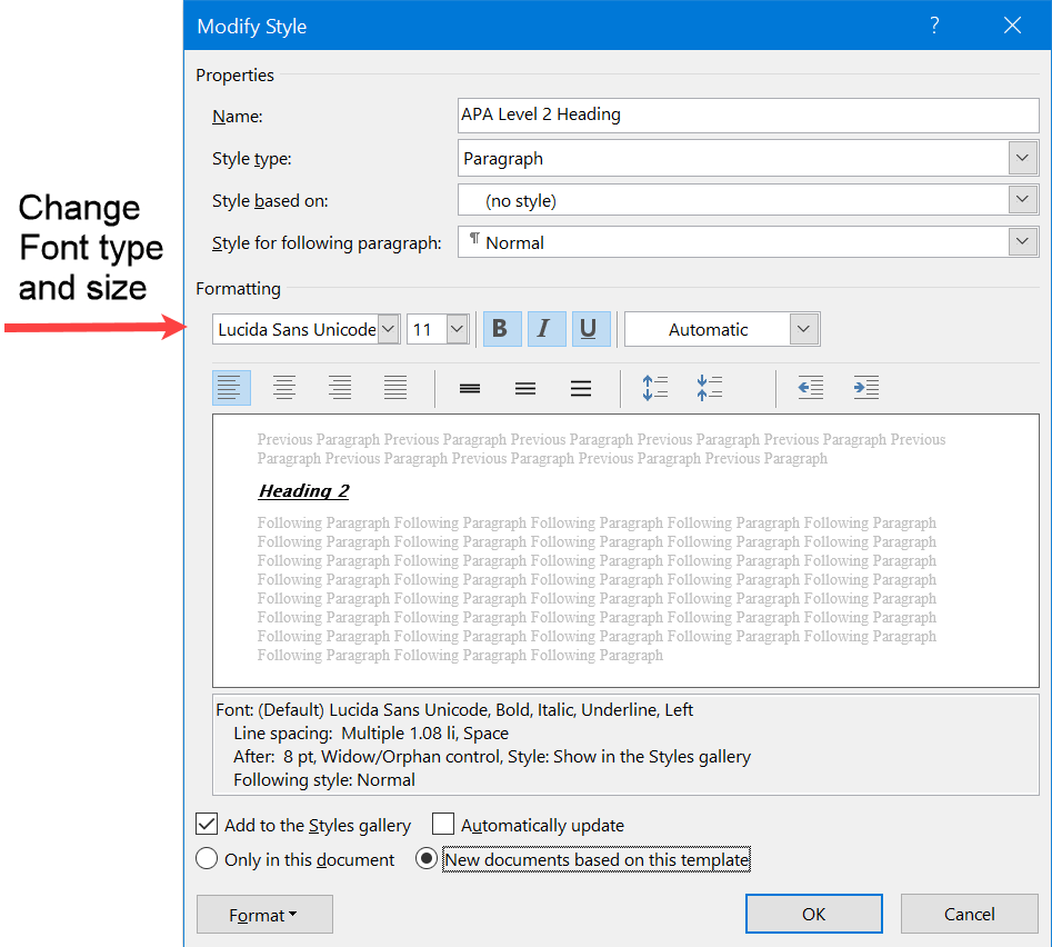 The Modify Style window for changing the format of the APA Level 1 Heading