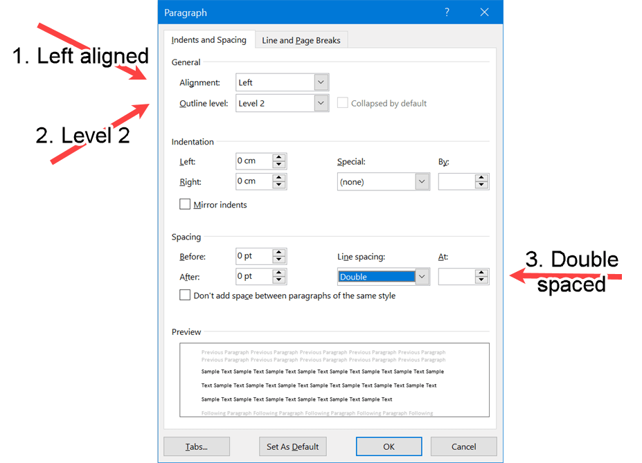 Word screenshot of paragraph properties required for APA Level 2 Headings.