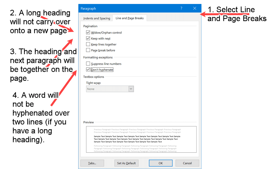 Word screenshot of page break and hyphenation properties required for APA Level 3 Headings.