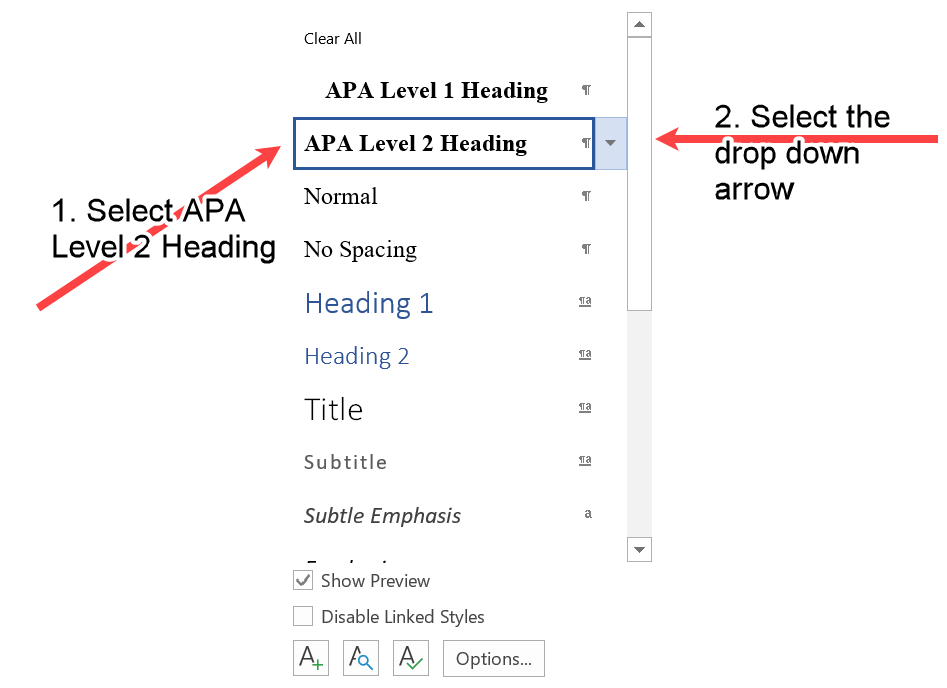 The Word styles available including the APA Level 2 Heading.