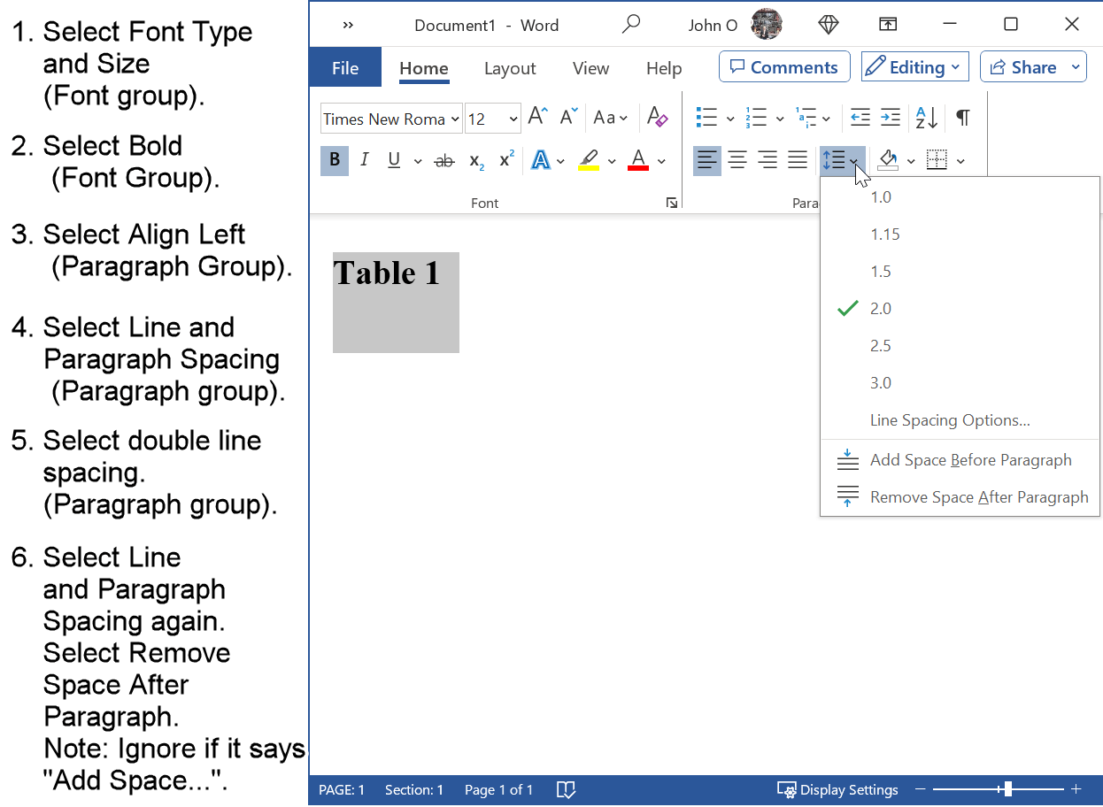 Screenshot illustrating step-by-step instructions for formatting a table number in APA style using icons from Microsoft Word's Home tab in the ribbon. The image highlights adjustments to font type, size, alignment, and bold styling for proper adherence to APA formatting guidelines.