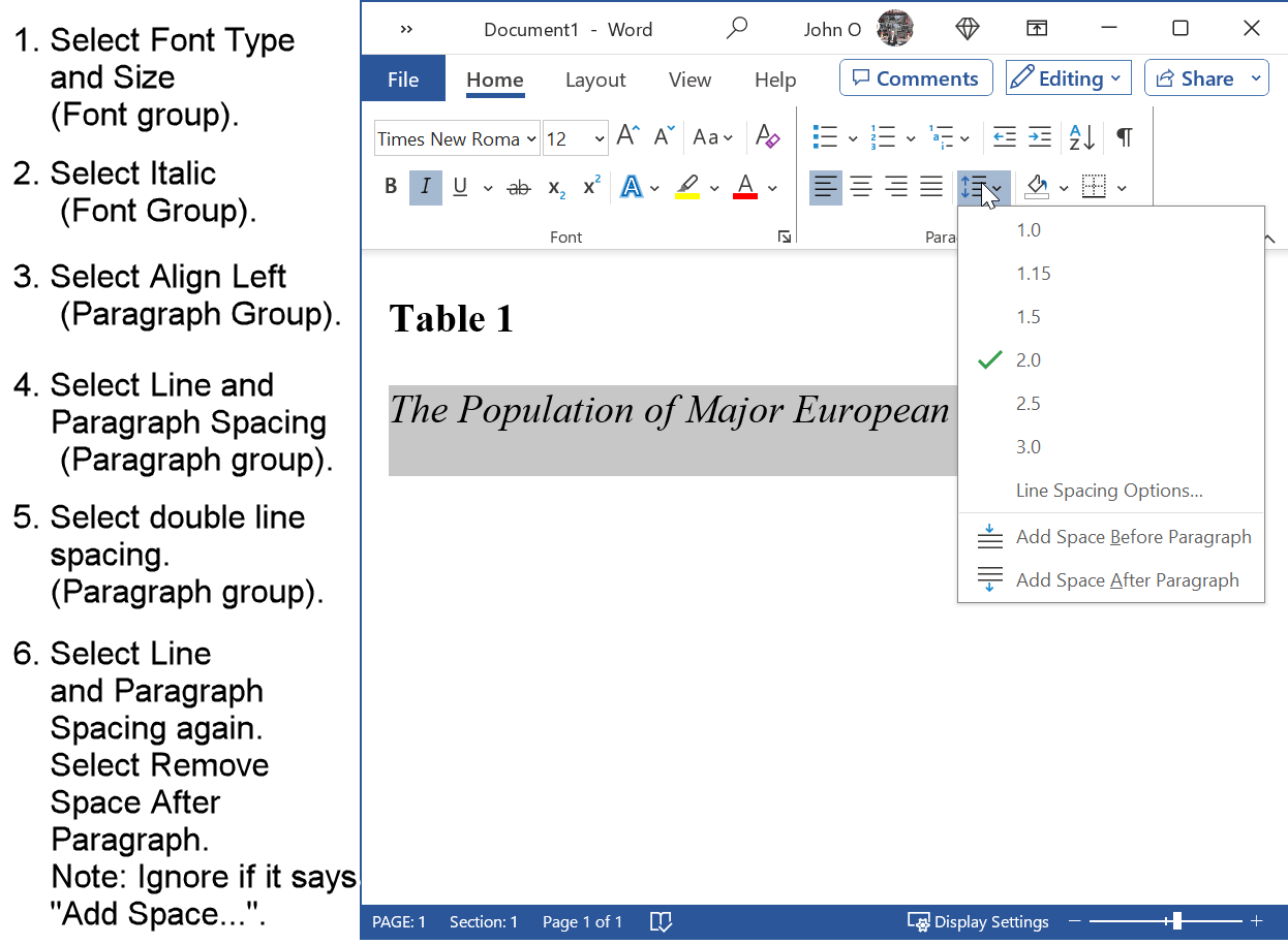 Screenshot guide for formatting a table title in APA format. The image provides step-by-step instructions using Microsoft Word, including font adjustments, alignment, and italics application, ensuring compliance with APA formatting guidelines.