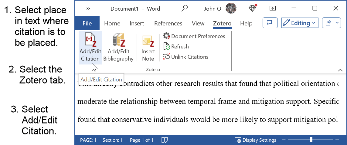 Select Zotero function to add citation