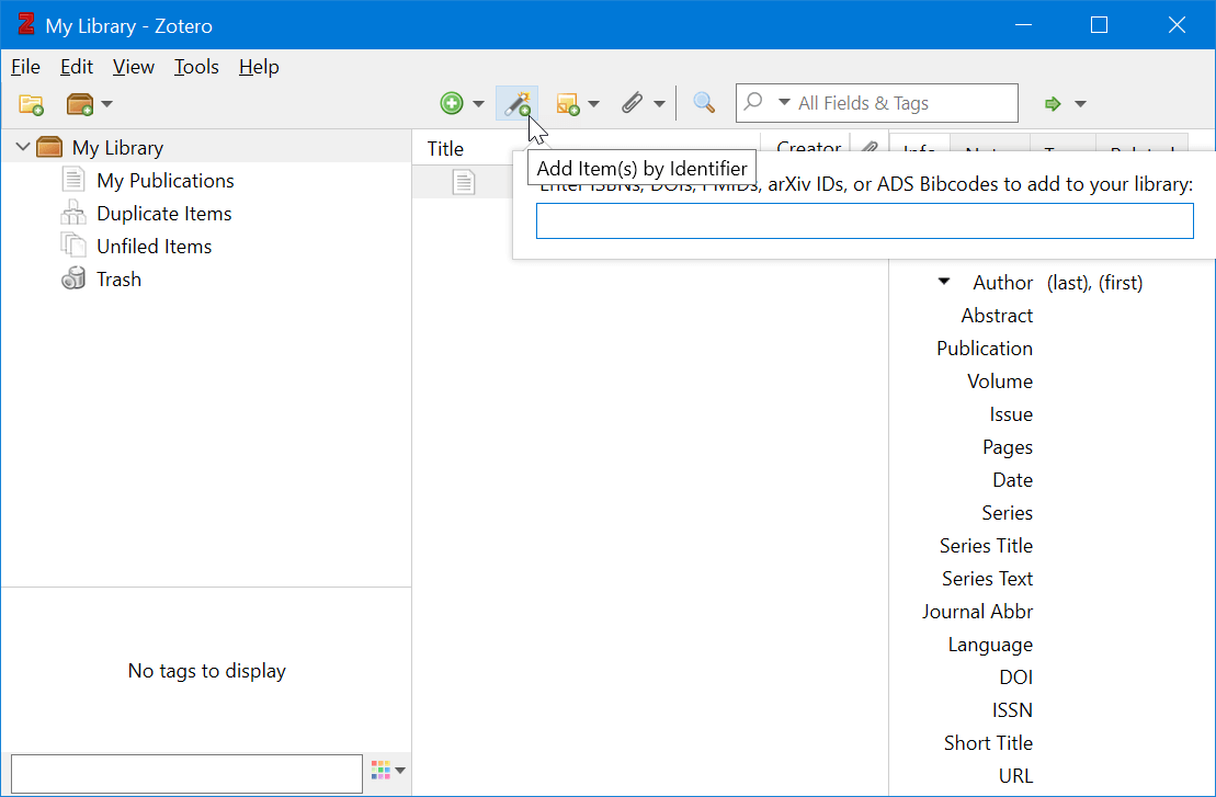 Zotero screen to add an item by an identifier such as DOI or ISBN