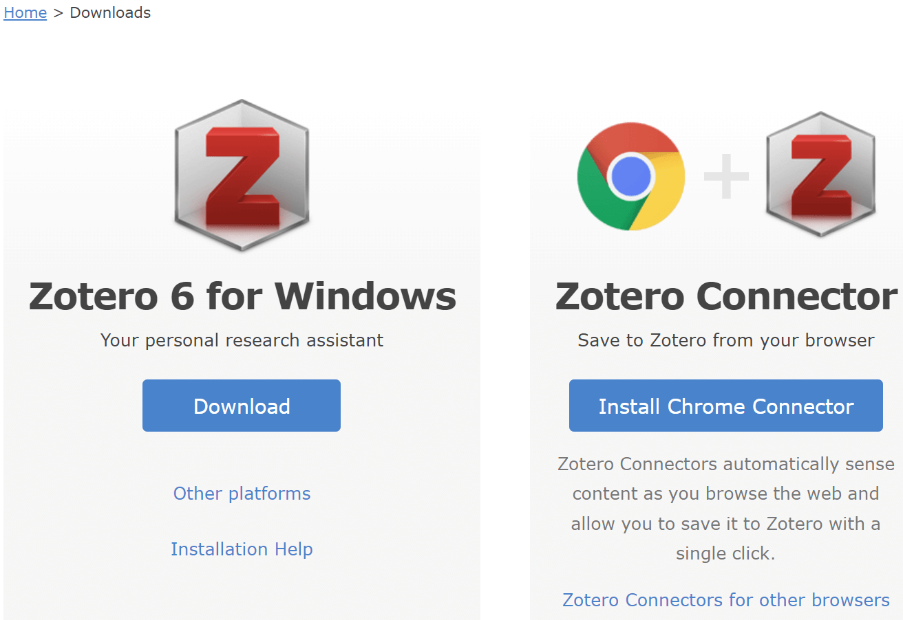 Zotero download screen and Zotero connect web extension