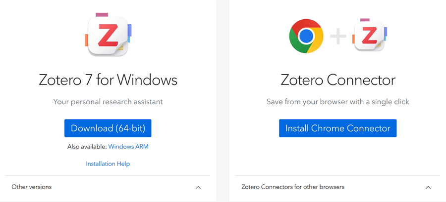 Zotero download screen and Zotero connect web extension