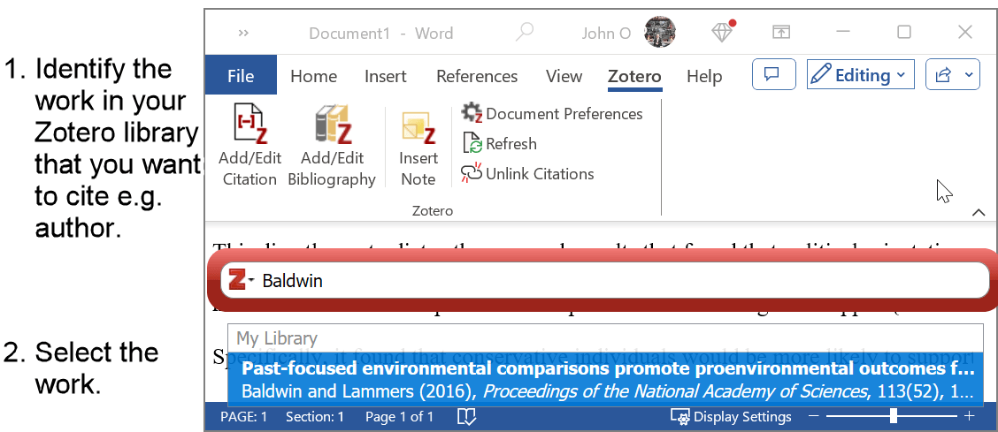 Identify work in Zotero to cite