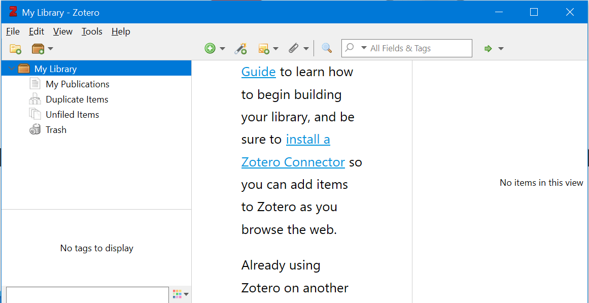 Initial screen when Zotero is run for the first time