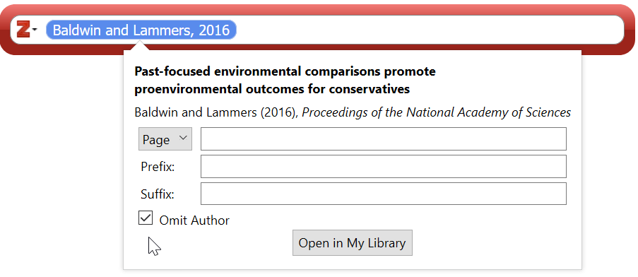 Select Omit Author flag from the Zotero red bar dialog box