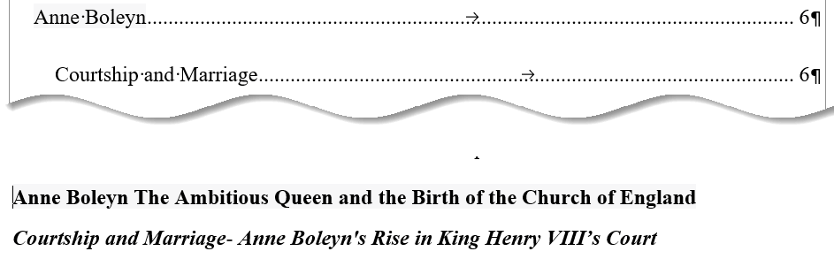 Shows the abbreviated entries in the table of contents and the corresponding headings in the document