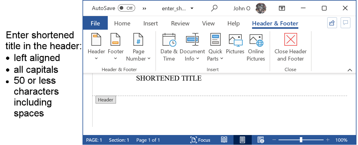 Word header with the shortened title in the running head in APA format