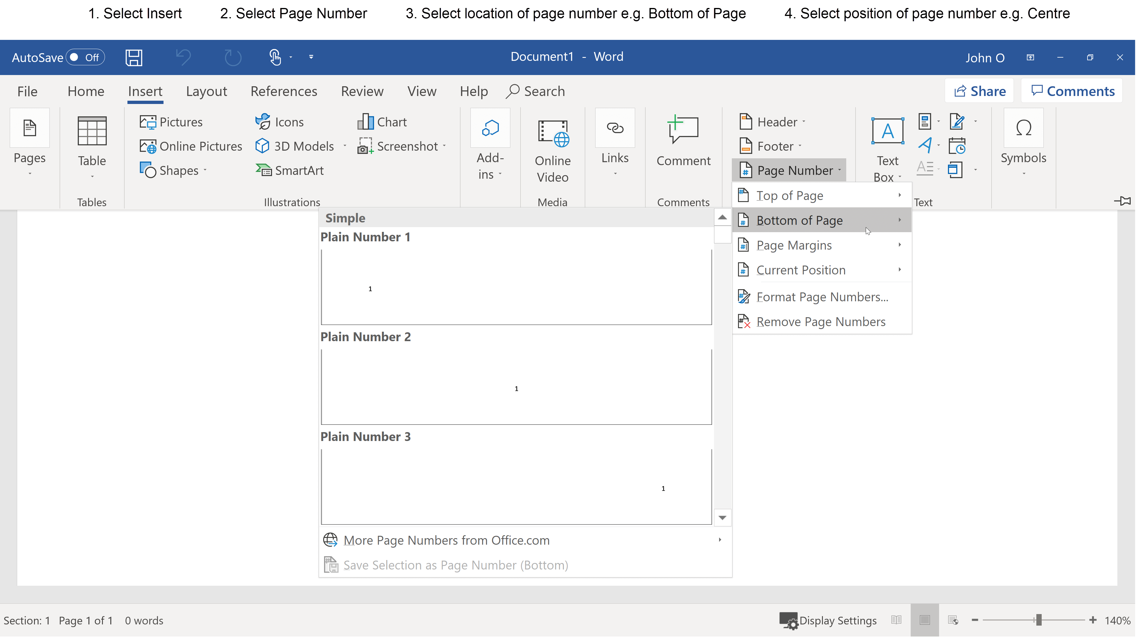 How to insert simple page numbers in Word