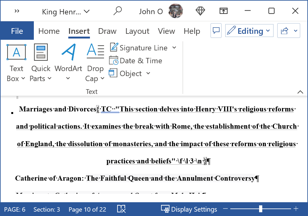 Code for the table of contents entry field displayed next to the heading in the document