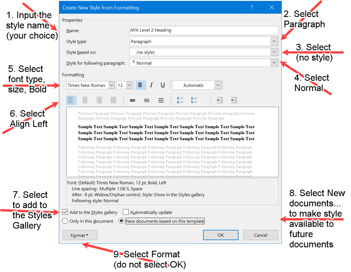 The Create style Window in Word with the Style and Font properties for the APA Level 2 Heading